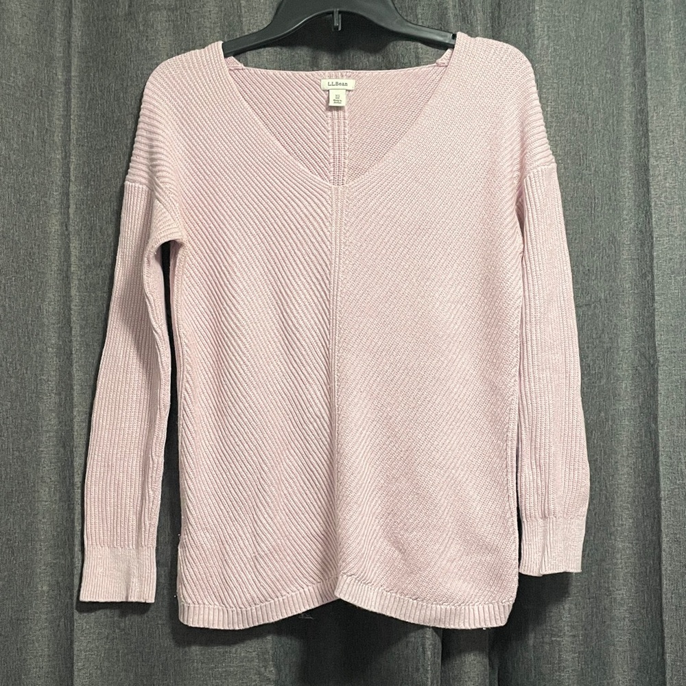 L.L. Bean Pale Pink V-Neck Ribbed Knit Sweater